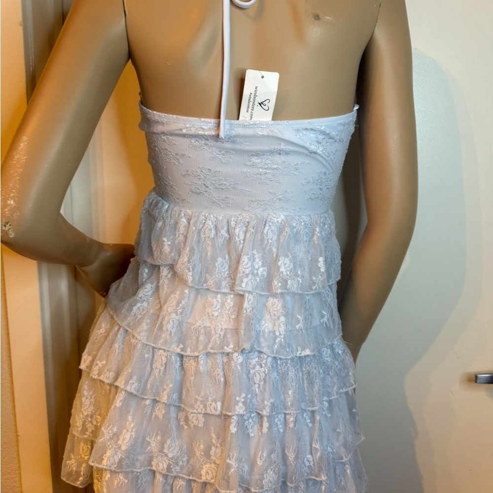 Light Blue Lace Tiered Ruffle Mini Dress Halter Rosette Bust - Picture 9 of 9